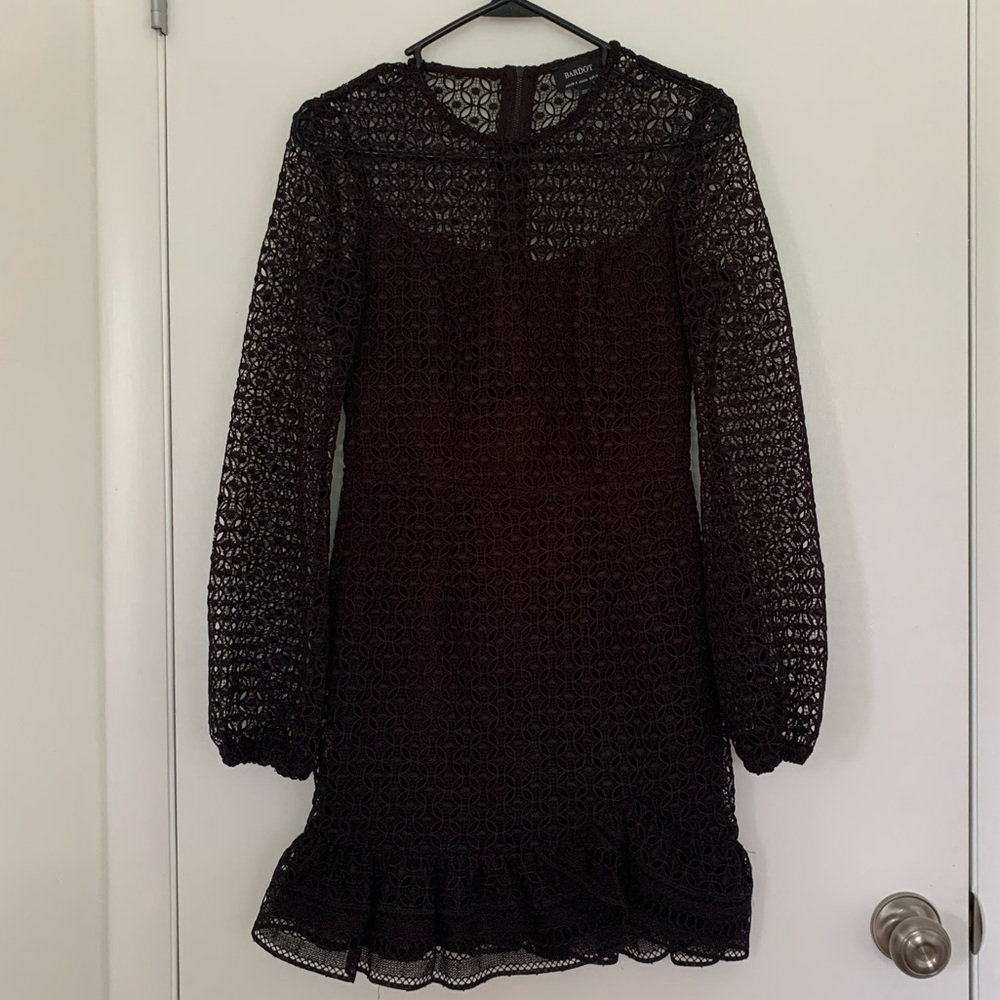 Bardot black lace mini.